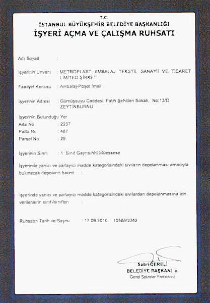 İşyeri Açma ve Çalıştırma Ruhsatı