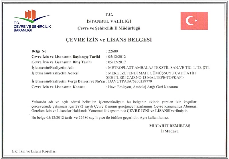 Çevre İzin ve Lisans Belgesi Geri Dönüşüm Lisans Belgesi